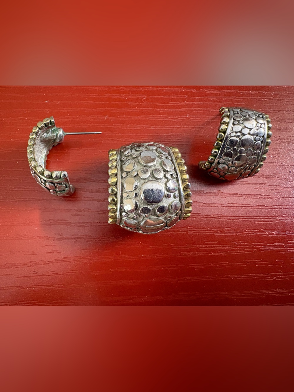 Silver-Tone Textured half Hoop Earrings and Slide with Gold Accent